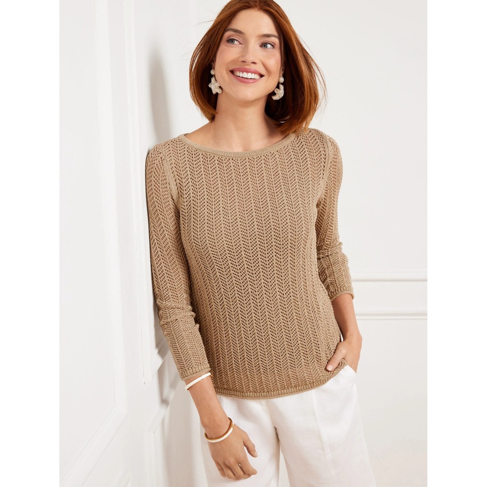 Talbots Womens Size XL Chevron Open Stitch Tassel Tie Back Boatneck Sweater Gold